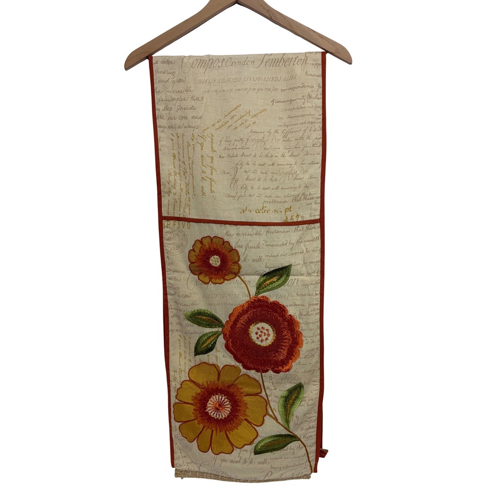 Handmade Floral Embroidered Table Runner Script Print Orange Yellow Excellent
